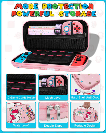 Gurgitat 9-in-1 Unicorn Switch Case Bundle for Nintendo Switch - Pink, Includes Game Holder, Grip, Skin, Strap & Sticker