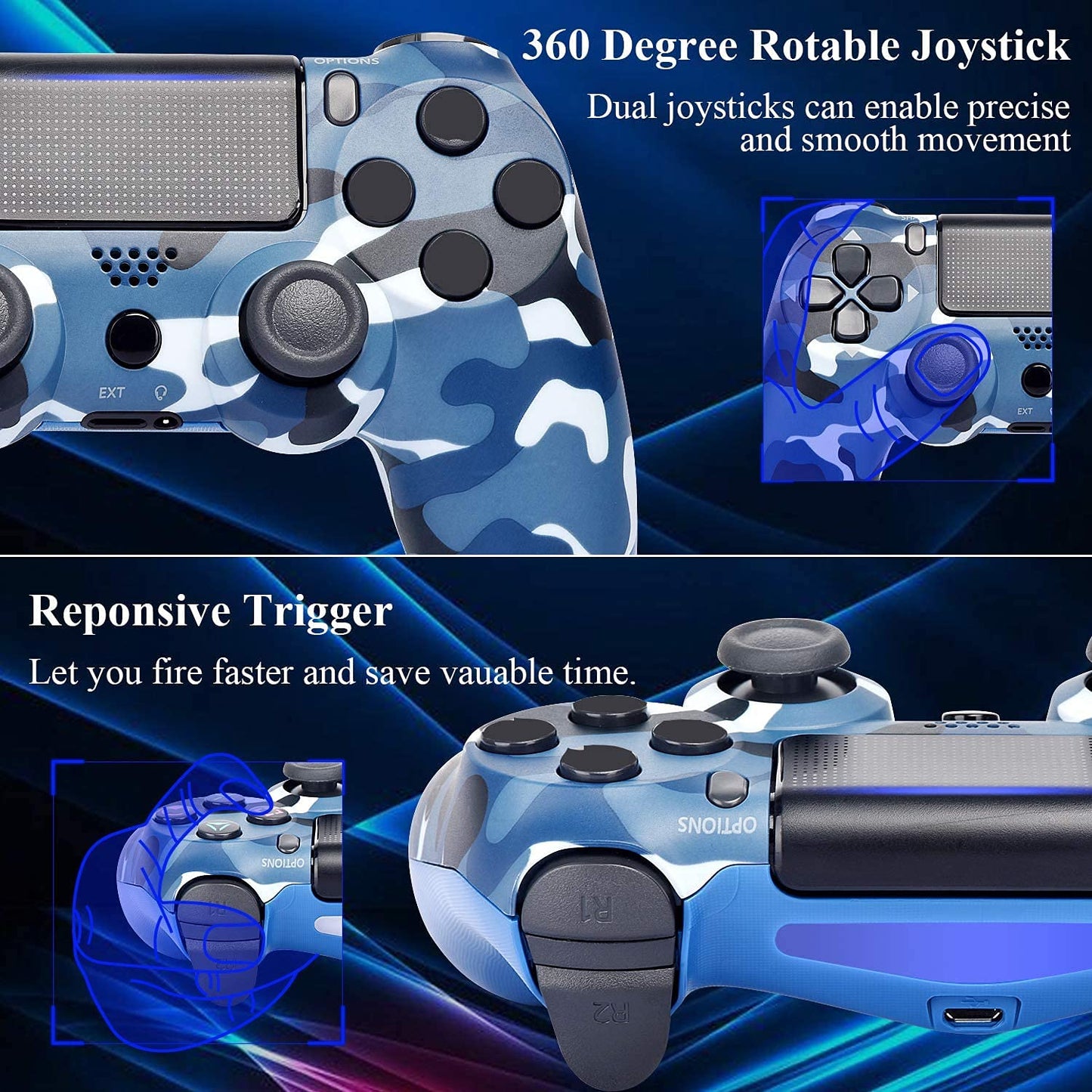 Generic 2 Pack Wireless Controllers for P-4 - Joystick/Gamepad, Camo Blue & Camo Red, Includes Charging Cable