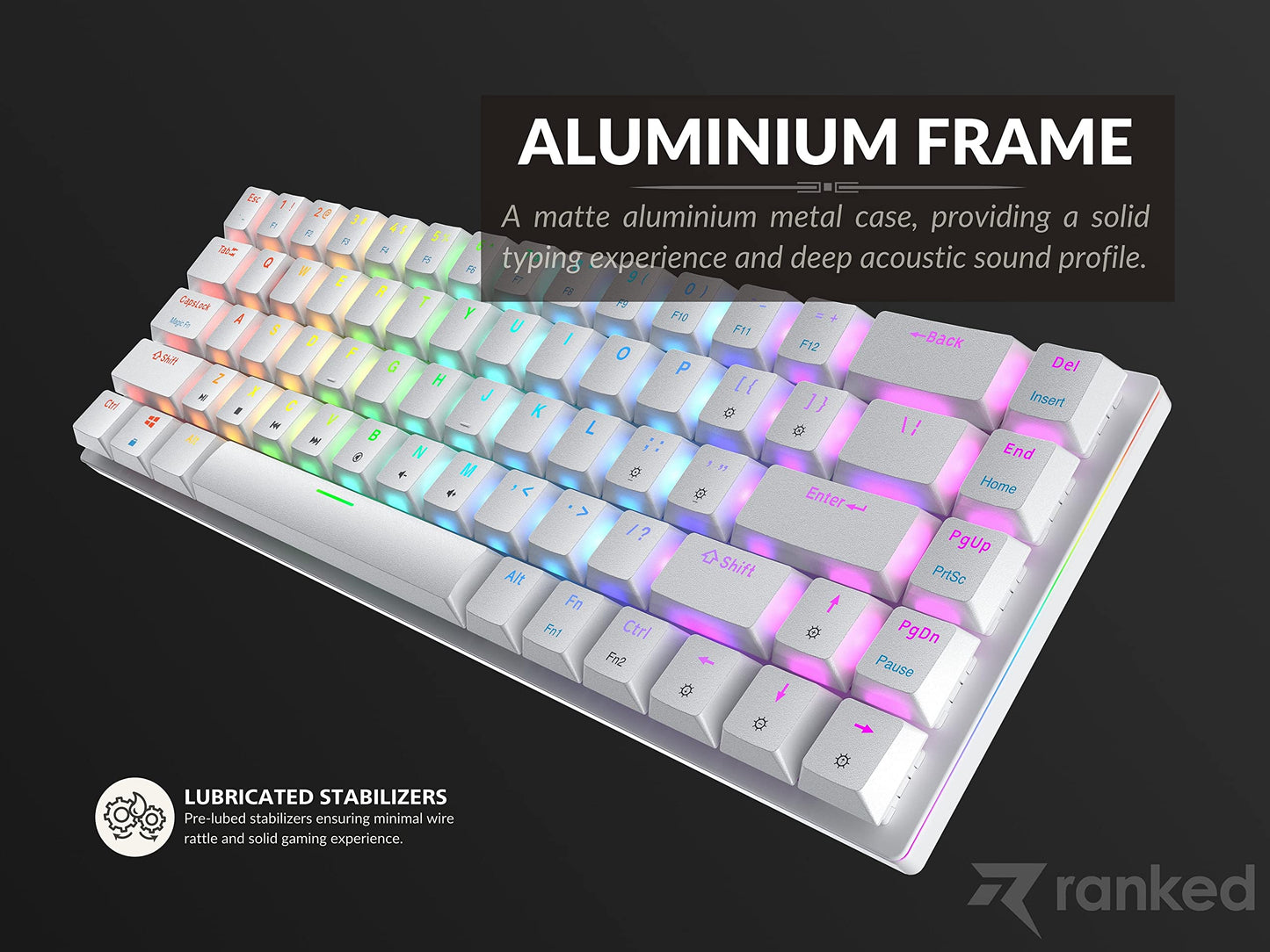 Ranked Guardian 65% Mechanical Gaming Keyboard | White | Ultra Slim | Hot Swappable | Gateron Low Profile Blue | 68 Keys RGB LED Backlit