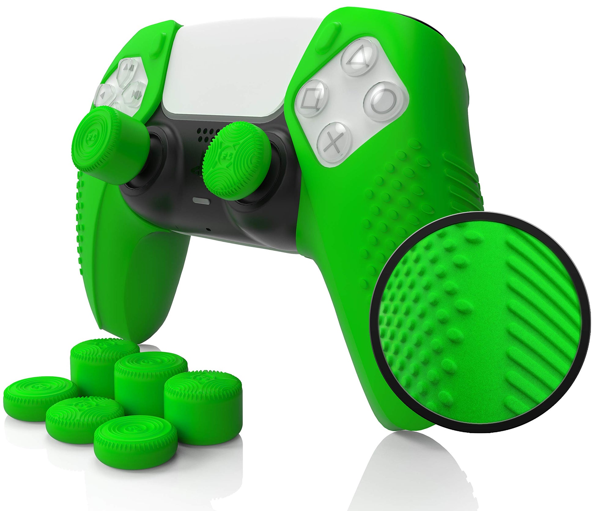 Foamy Lizard PS5 Controller Grip Cover | Anti-Slip Silicone Gel, Green, Model FL-PS5-DS-SKINSET-GREEN, Includes 8 Thumb Grip Caps