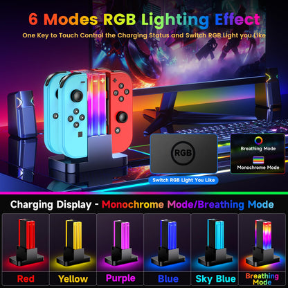 Wenocally Switch Controller Charger Dock for Joycons & OLED - 6 RGB Light Modes, Black, Model HW-S0012