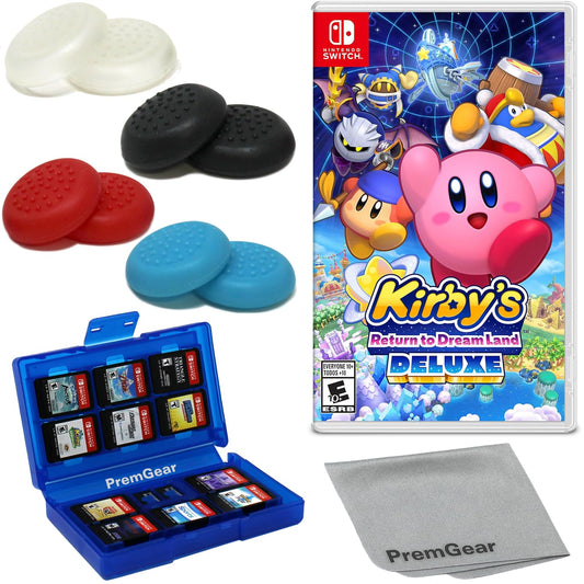 Kirbys Return to Dream Land Deluxe for Nintendo Switch (US Version)  with PremGear Thumb Grips (8 pack - Black  Blue  Red & Clear)  24 Slot Game Card Holder & Cleaning Cloth