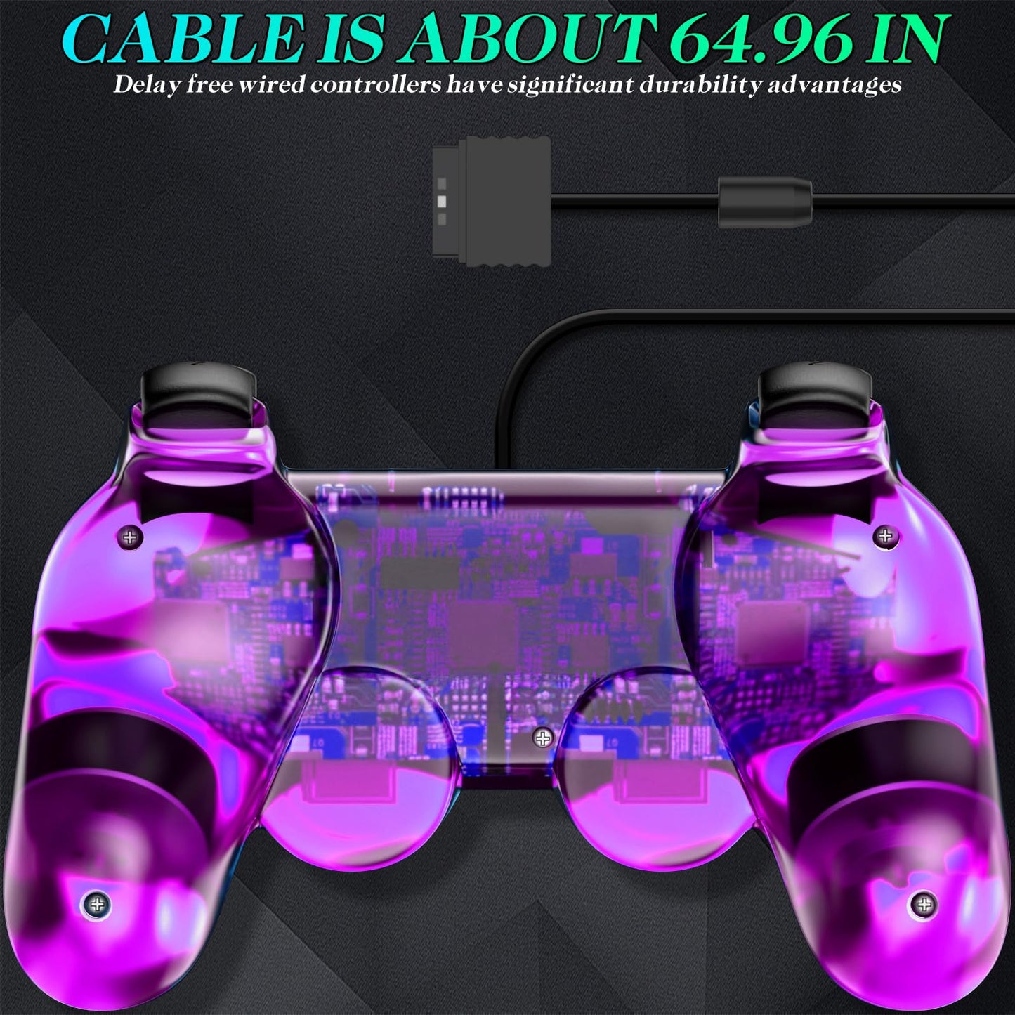 Zeion Wired Controller for PS2 Double Shock - 2 Pack Gamepad, Clear Purple & Clear Green