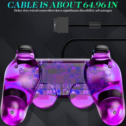 Zeion Wired Controller for PS2 Double Shock - 2 Pack Gamepad, Clear Purple & Clear Green