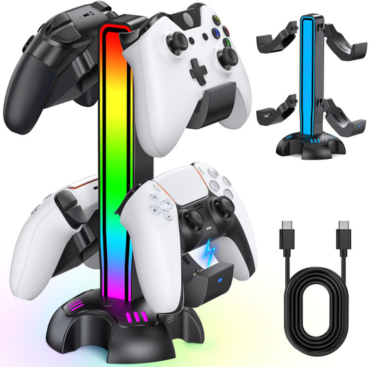 Dual Charging Station for PS5 Controllers Only with 2 Charging Holder  with 2 Non-Charging Controller Holder for Xbox/PS5/PS4/Switch/PC  Dynamic Lights  2 USB Ports  Detachable Controller Stand