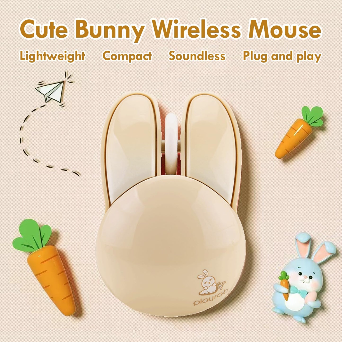 Lomiluskr Wireless Bunny Mouse - Soundless, Lightweight, 2.4G, Beige Bunny, Model 827, Cute Design for Girls and Kids
