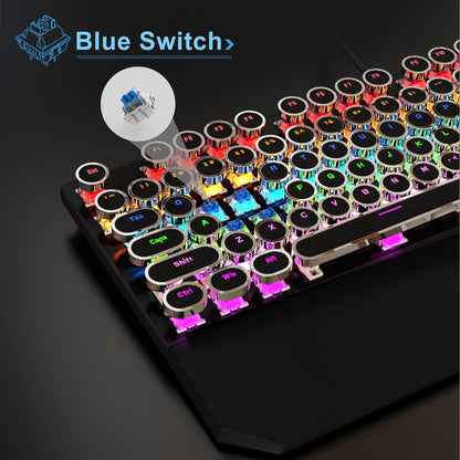 MageGee Typewriter Mechanical Gaming Keyboard, RGB Backlit, Blue Switches, Retro Round Keycaps, Black Finish for Windows, Laptop, PC, Mac