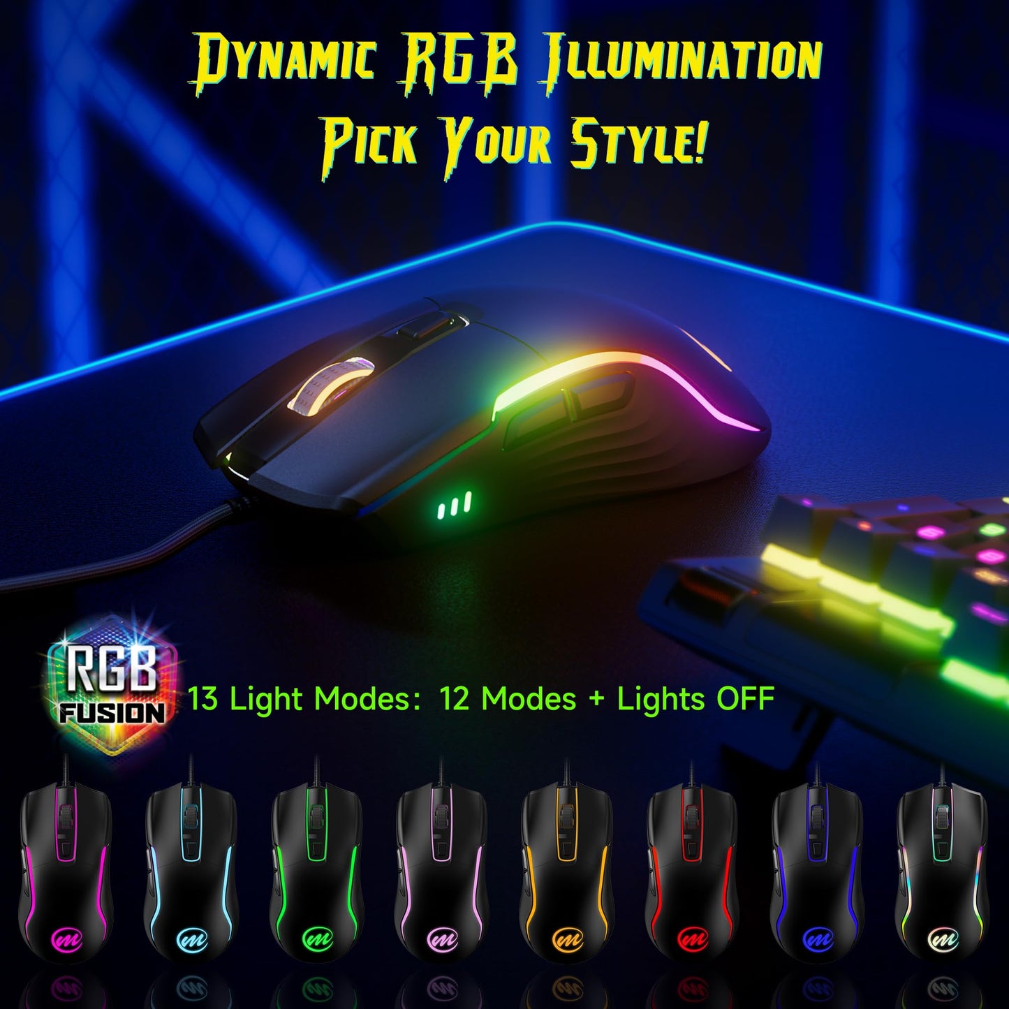 memzuoix Wired Gaming Mouse - 12800 DPI, RGB Lighting, Ergonomic Design, 6 Buttons, Black, C899