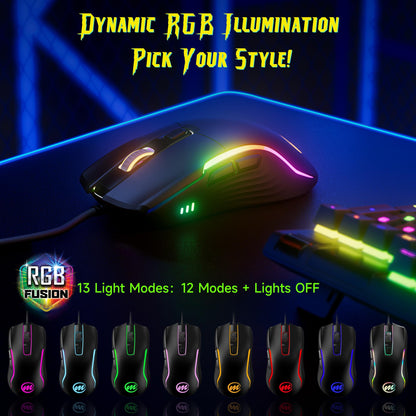 memzuoix Wired Gaming Mouse - 12800 DPI, RGB Lighting, Ergonomic Design, 6 Buttons, Black, C899