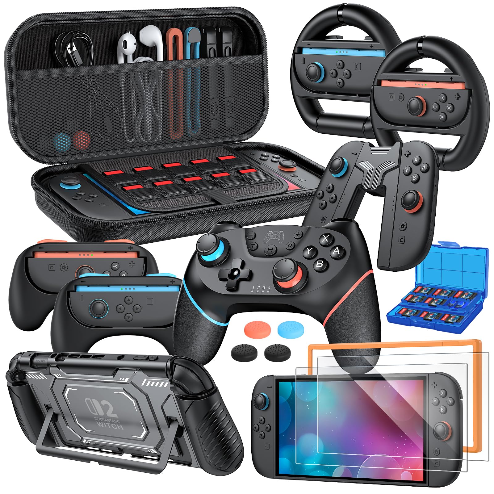 Switch 2 Accessories  Controller Bundle Case for Nintendo Switch 2 (2025)  MENEEA 17-IN-1 Kits: Pro Controller  Carrying Case  Grips for Joy Con Steering Wheels for Mario Kart Protective Cover for Controller Console for Switch 2 (1* Black Controller)