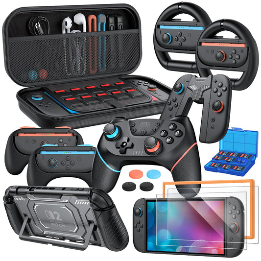 Switch 2 Accessories  Controller Bundle Case for Nintendo Switch 2 (2025)  MENEEA 17-IN-1 Kits: Pro Controller  Carrying Case  Grips for Joy Con Steering Wheels for Mario Kart Protective Cover for Controller Console for Switch 2 (1* Black Controller)