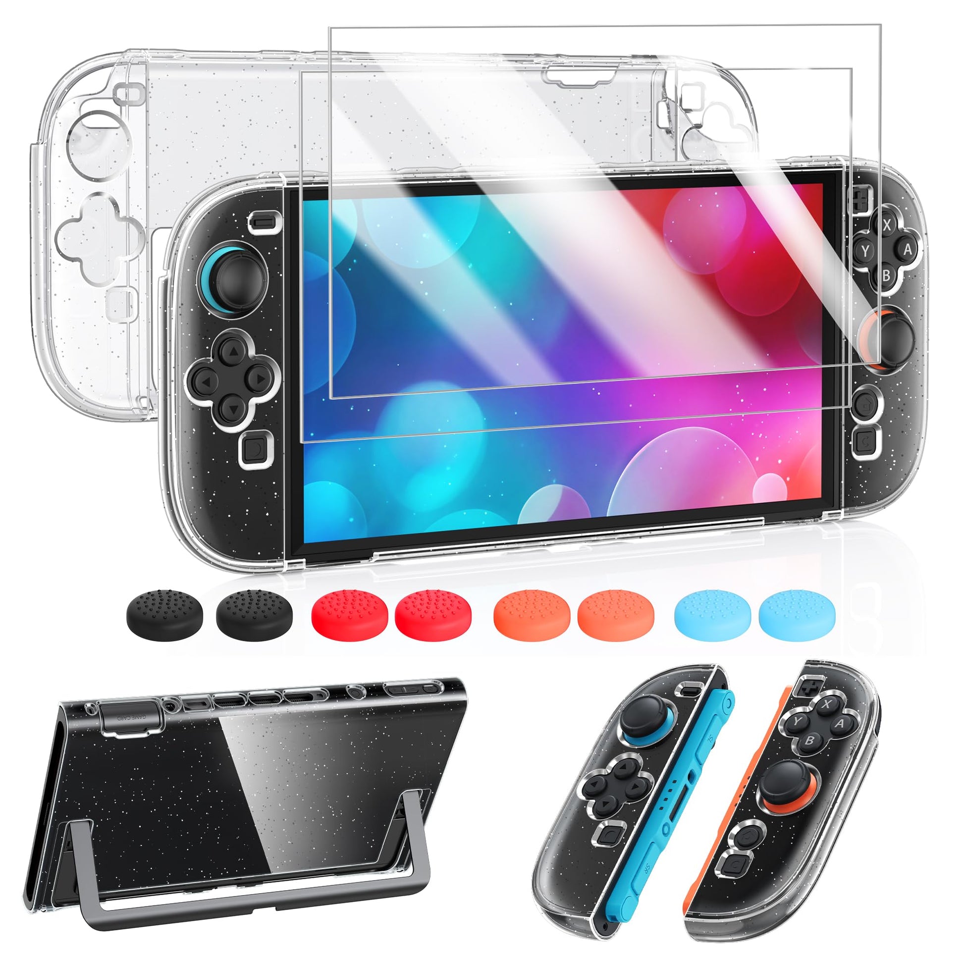 FYOUNG Protective Case for Nintendo Switch 2 - Slim Hard Shell, Scratch & Shock Protection, 7.9inch, Transparent Glitter, Includes 8 Thumb Grips