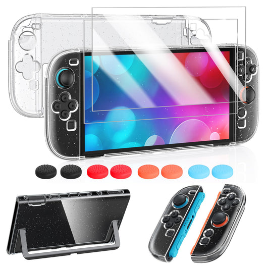 FYOUNG Protective Case for Nintendo Switch 2 - Slim Hard Shell, Scratch & Shock Protection, 7.9inch, Transparent Glitter, Includes 8 Thumb Grips
