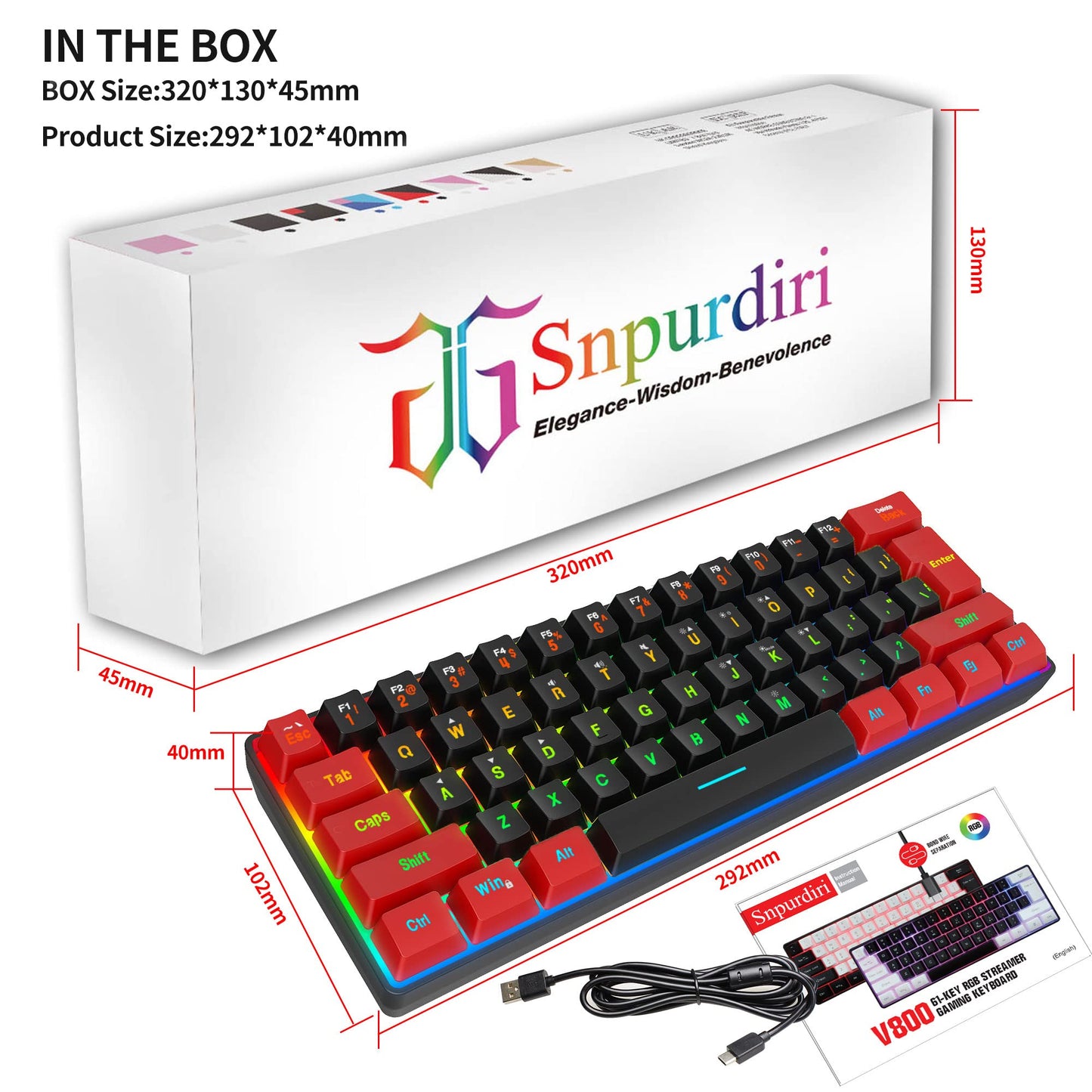 Snpurdiri 60% Wired Gaming Keyboard - RGB Backlit Mini Keyboard for PC - Ultra-Compact, Red and Black