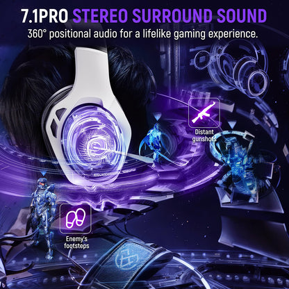 Tatybo Wireless Gaming Headset WT01-W, Bluetooth 5.3, 40Hr+ Battery, Adjustable ENC Mic, Black and White, Compatible with PS5, PS4, PC,