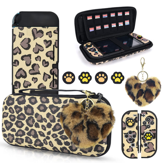 DLseego Brown Love Leopard Carrying Case for Switch - Cute Silicone Protective Soft Cover With 4 Thumb Grip Caps  Plush Heart Pendant  and Hard Storage Accessories Kit Bundle for Girls