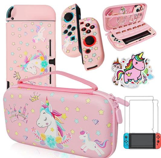 Pink Unicorn Carrying Case Compatible with Nintendo Switch (Not OLED or Lite) with Dockable Protective Grip Case +Screen Protector +Unicorn Stickers  Hard Storage Case Accessories Kit Bundle for Girls