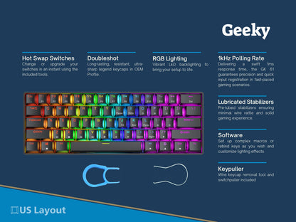 Geeky GK61 60% Hot Swappable Mechanical Gaming Keyboard - 61 Keys Multi-Color RGB LED Backlit, Black, ANSI US Layout, Brown Switch