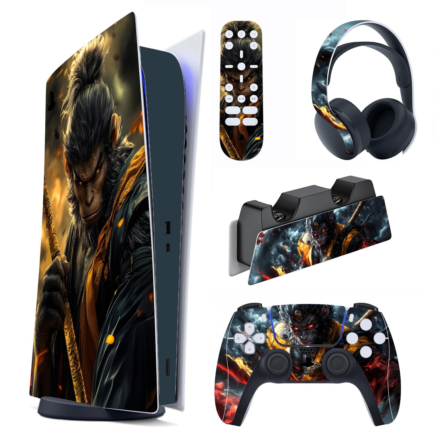 PlayVital Full Set Skin Decal for ps5 Console Digital Edition  Sticker Vinyl Decal Cover for ps5 Controller & Charging Station & Headset & Media Remote - Wasteland & Cloudstorm Wukong
