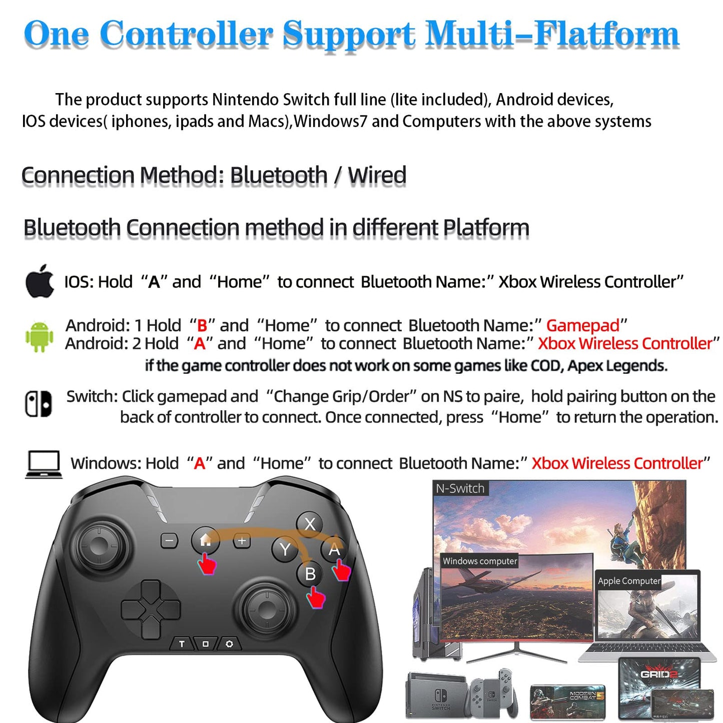 UNIHOW Bluetooth Controller for Switch/PC/Phone - Programmable, Turbo, Gyro, Type-C Rechargeable, Black