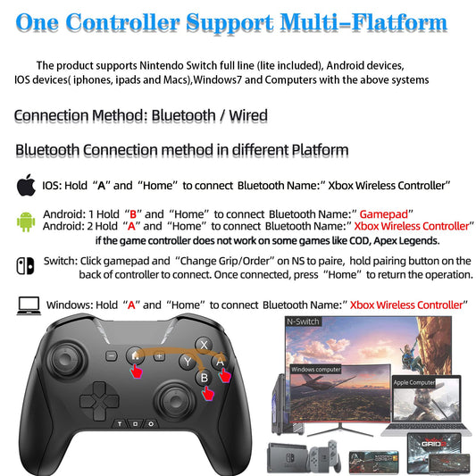 UNIHOW Bluetooth Controller for Switch/PC/Phone - Programmable, Turbo, Gyro, Type-C Rechargeable, Black