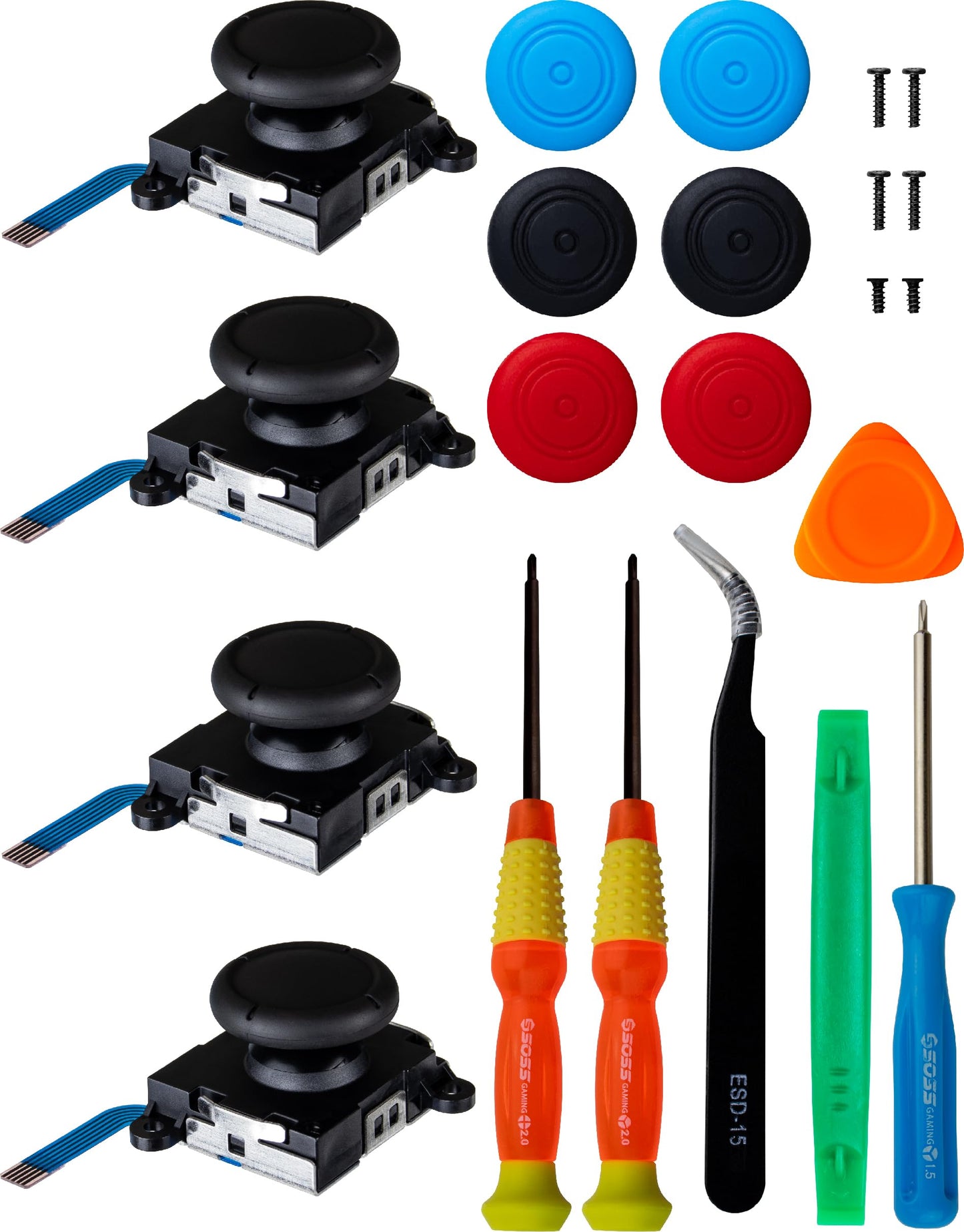 SOSS GAMING 2024 4-Pack Joystick Thumbstick Replacement Kit for all Nintendo Switch and Switch Lite Controllers - Fix & Repair Your Analog Joy-Con Thumb Stick with all Necessary Tools Included (4)