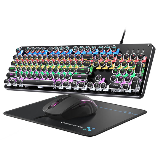 Typewriter Mechanical Gaming Keyboard and Mouse  104-Key Full Size Retro Keyboards Metal Panel Punk Round Keycap Clicky Blue Switch with RGB Backlit Mouse and Pad Combo for PC Laptop Mac Gamer  Black