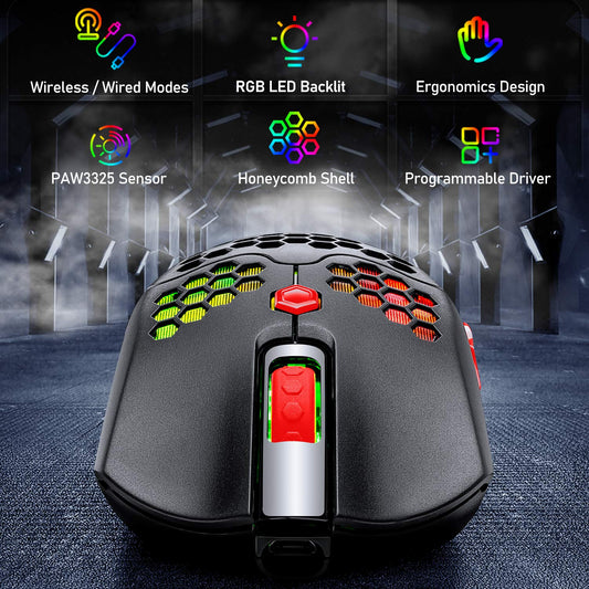 ZIYOU LANG Wired/Wireless Gaming Mouse - 16 RGB Backlit, 12000 DPI, 7 Programmable Buttons, Rechargeable, Lightweight Honeycomb - Black Red