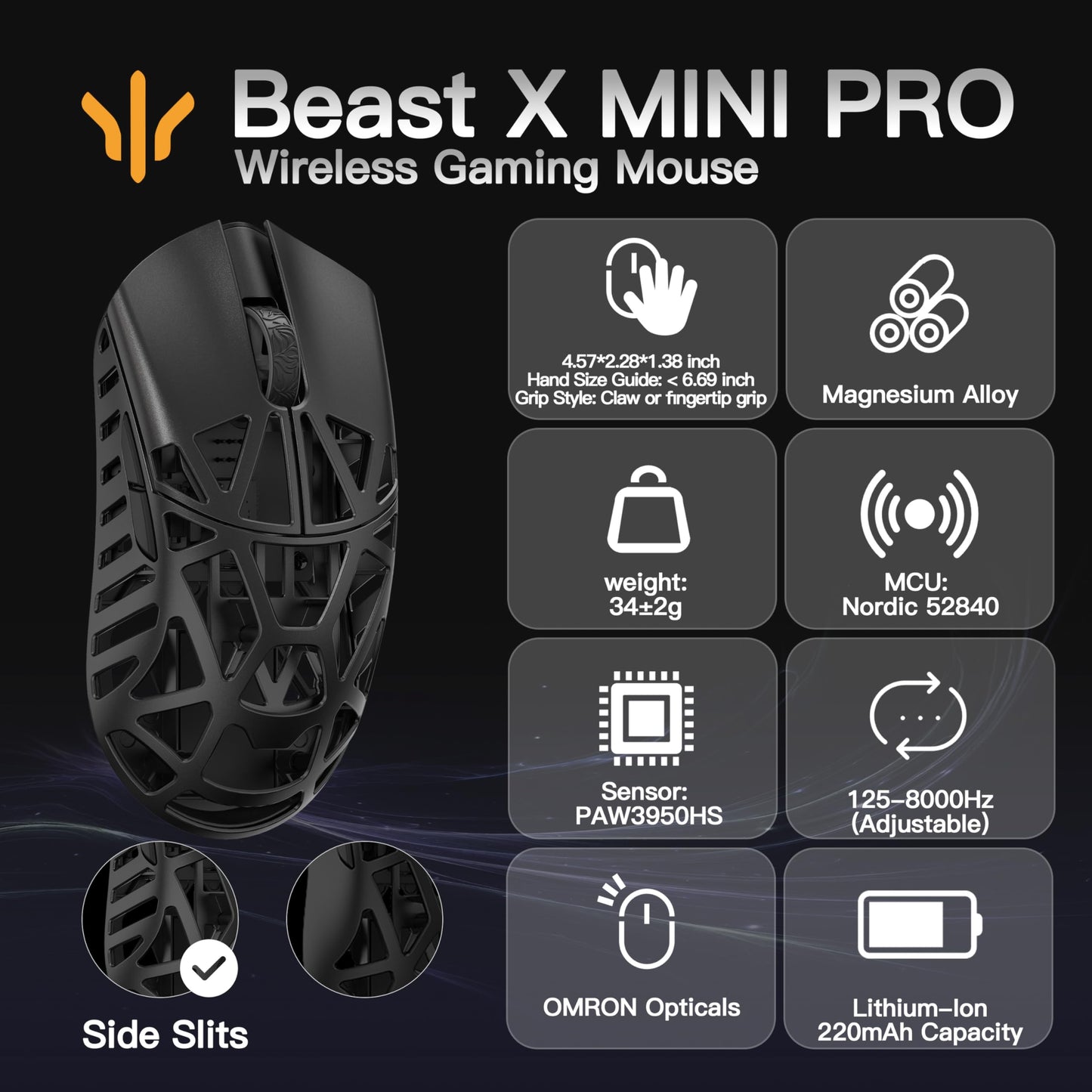 SMACKAPE Beast X Mini Pro Ultra-Light Gaming Mouse, 34g, 30000 DPI, 8K Polling Rate, Black (OM Switch-Side Slits)