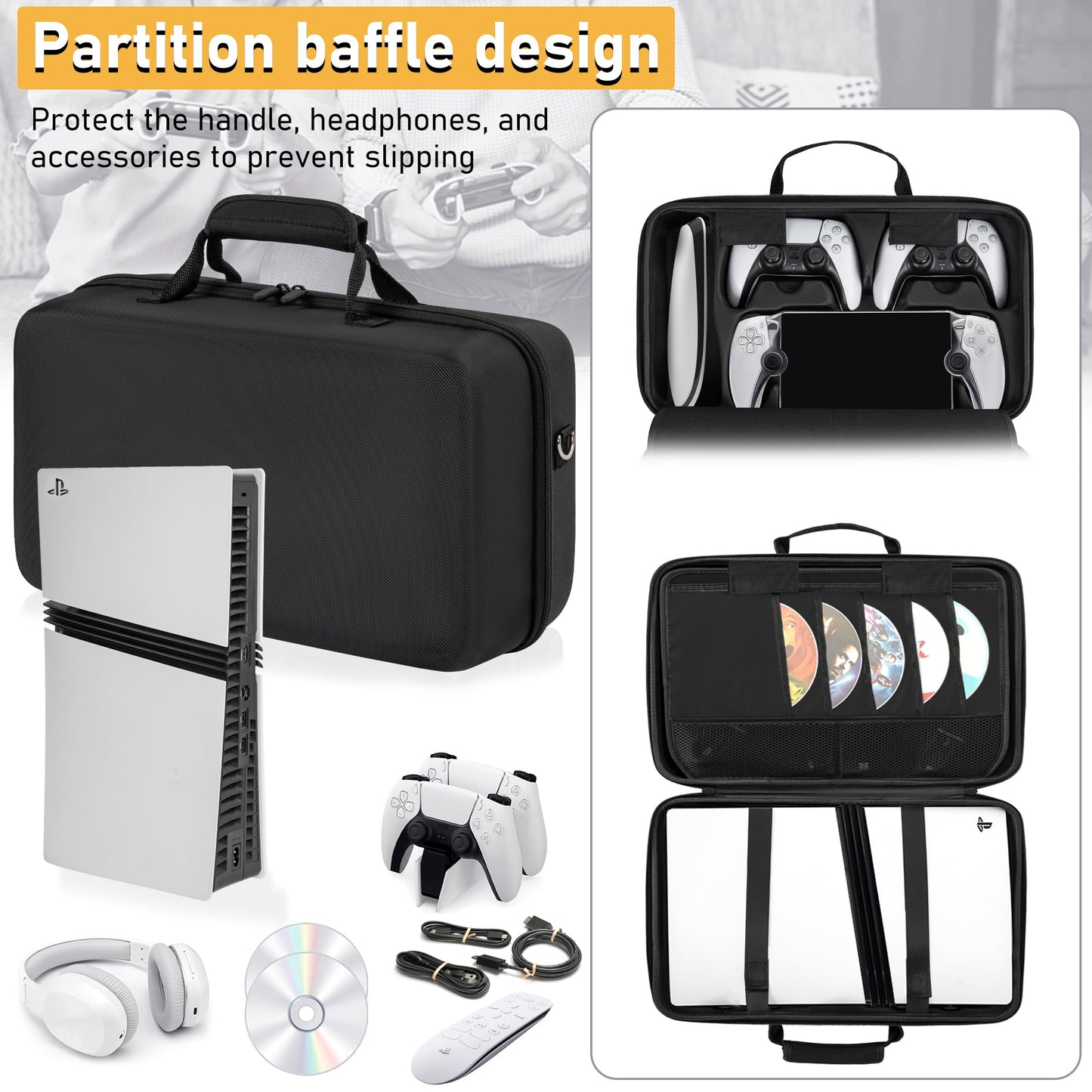 OUUTMEE PS5 Pro Hard Shell Carrying Case - Travel Bag for PlayStation 5 Pro, Games & Accessories - Black, Model V34-Pro