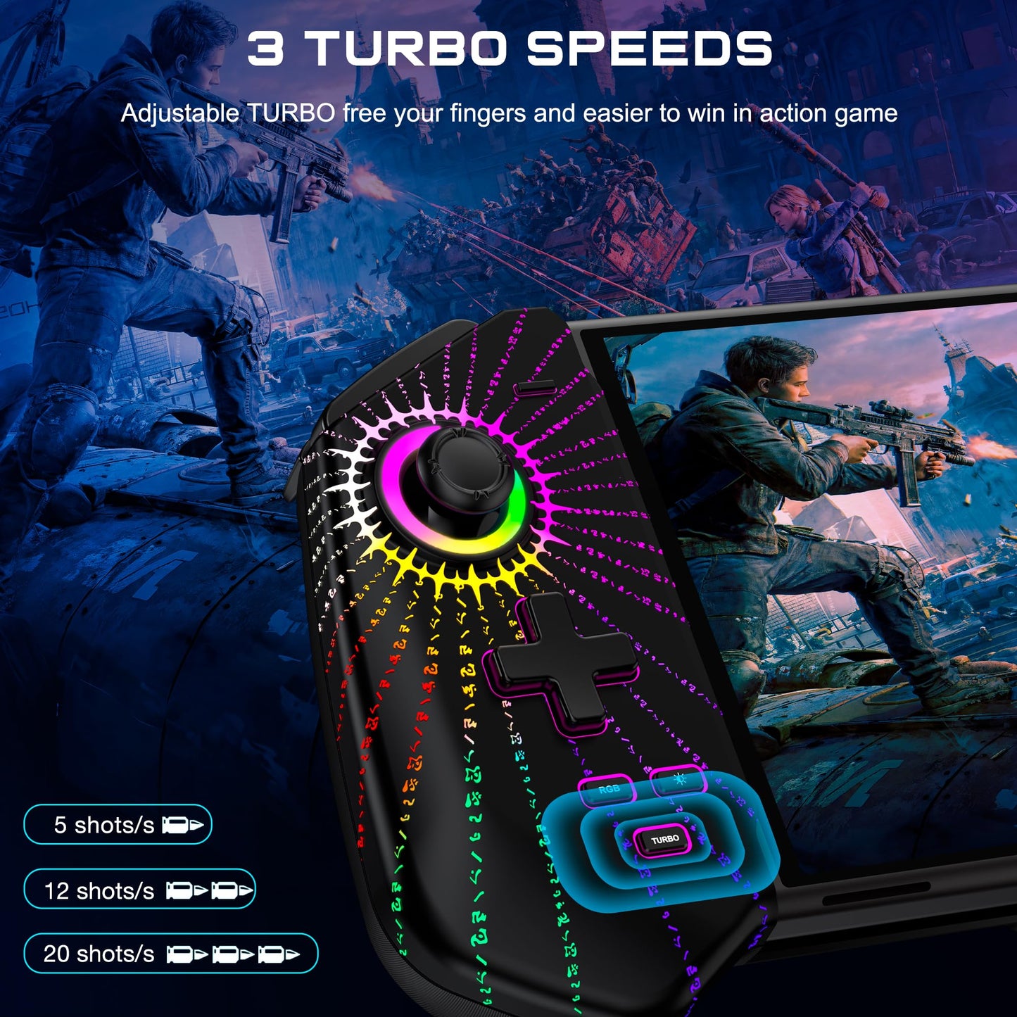 KICKDOT Wired Switch Pro Controller with Hall Joystick, Turbo, 4 Game Slots, Vibration, Black-Magical, for Nintendo Switch/OLED