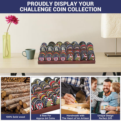 PiaoHao Solid Wood Two-Tier Challenge Coin Display Stand, Holds 50-64 Coins, Brown Wooden Army Collectible Holder