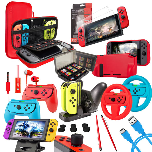 Orzly Accessories Bundle Compatible with Nintendo Switch & OLED Case & Screen Protector  Joycon Grips & Racing Wheels  Controller Charge Dock  Comfort Grip Case & More - Geek Pack ColorPop