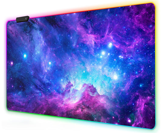 Meffort Inc RGB Gaming Mouse Pad - Large LED Gaming Mouse Mat with Custom Design Stitched Edges (23.6 x 13.7 Inch  Galaxy Clouds)