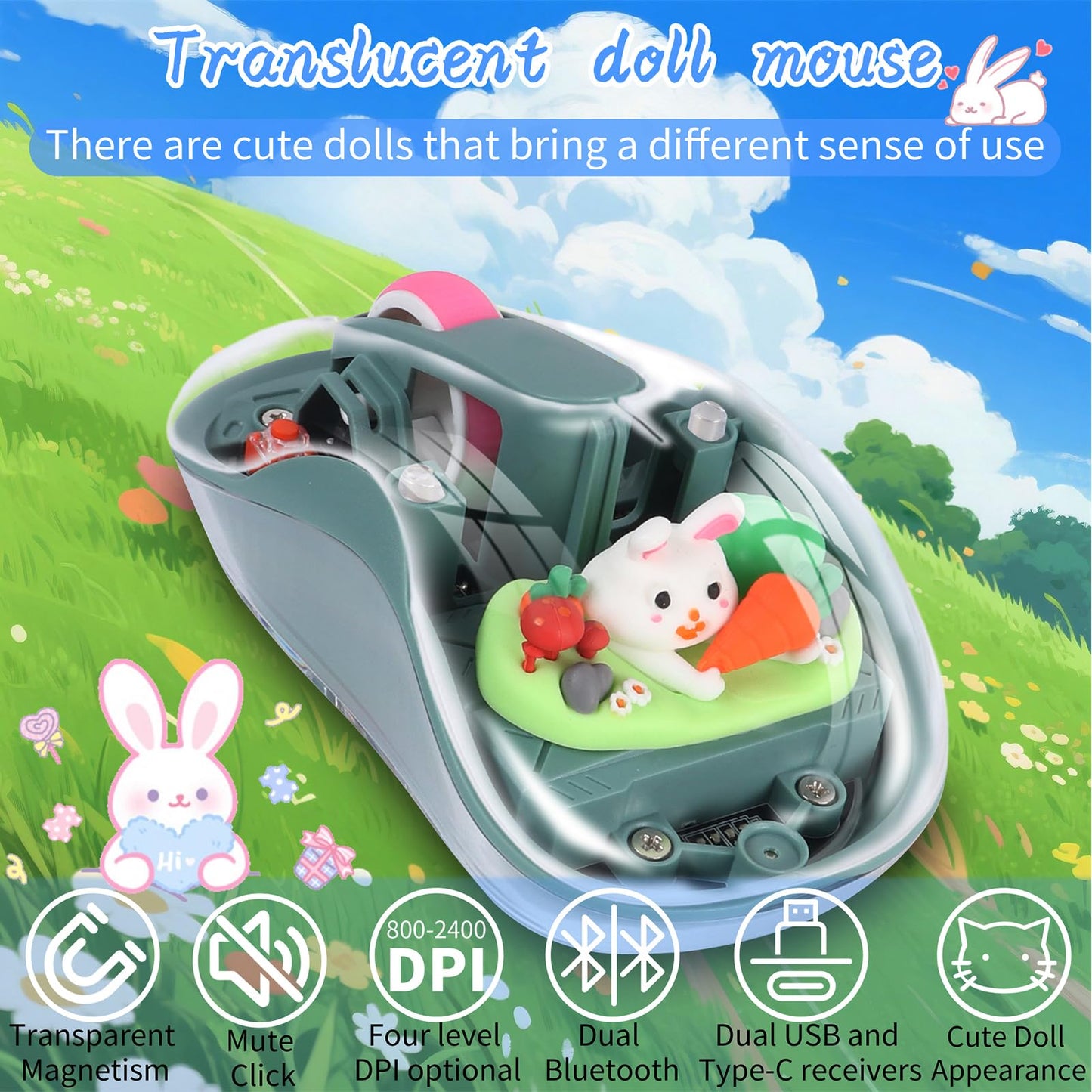 elec Space Wireless USB C Mouse - Bluetooth, Rechargeable, Silent - Green Cartoon Design for Laptops, iPads & MacBook Air/Pro