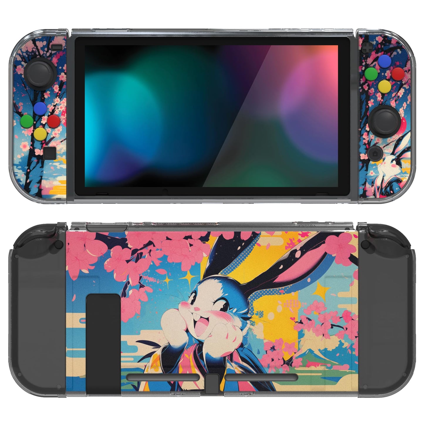 PlayVital Transparent Protective Case for Nintendo Switch  Soft TPU Slim Case Cover for Nintendo Switch Joycon Console with Colorful ABXY Direction Button Caps - Blossom POP Bunny