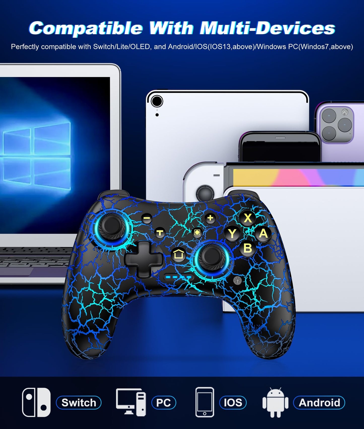 ELISWEEN Wireless Switch Controller for Switch/Lite/OLED - Black-Lightning Light, Red+Blue, Programmable, Turbo Function
