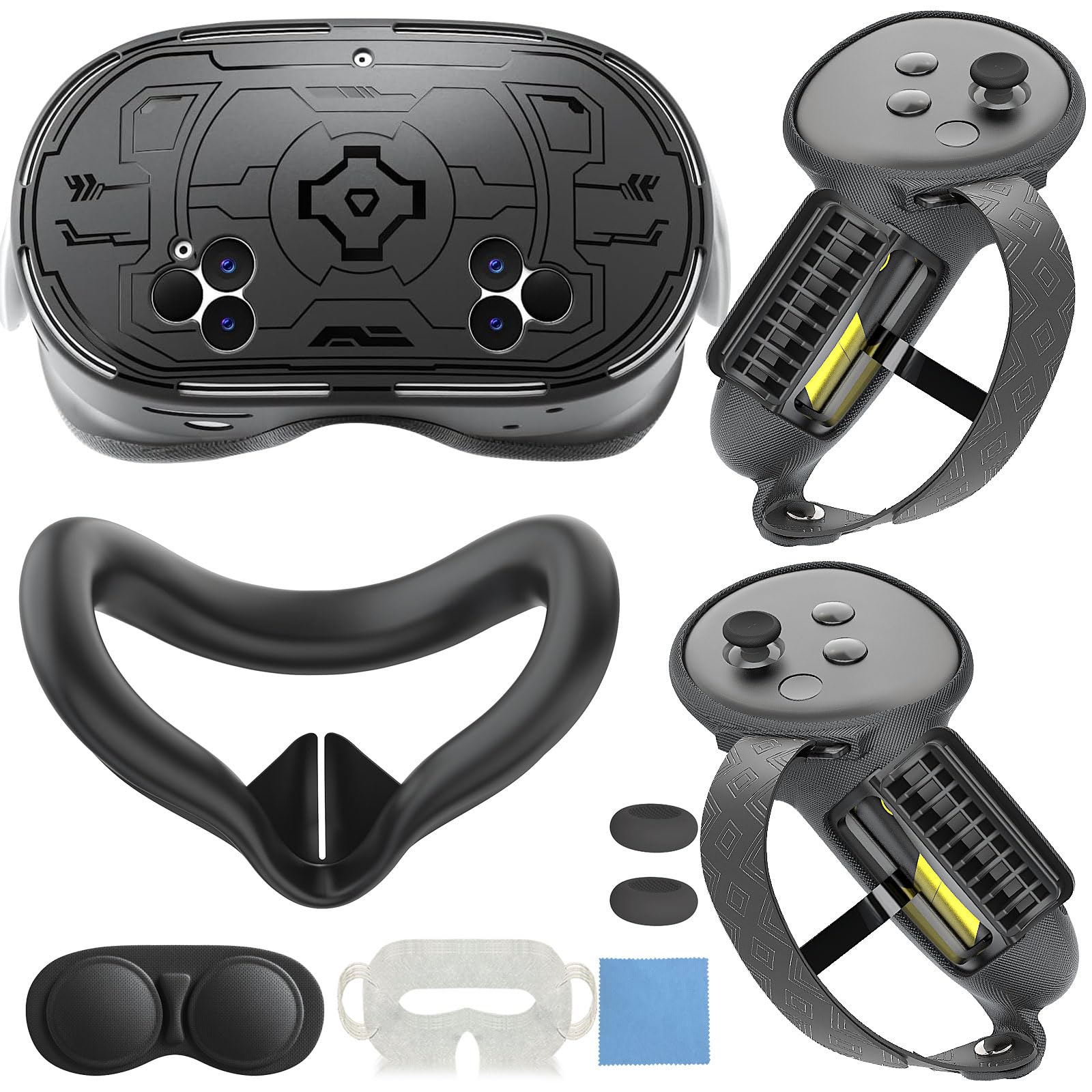 MTomatoVR 7-in-1 Protective Silicone Cover Set Compatible with Meta Quest 3s Accessories  Included Upgrade Battery Opening Controller Grips  Silicone Face Cover and TPU Hard Shell Cover_(TPU-Black)