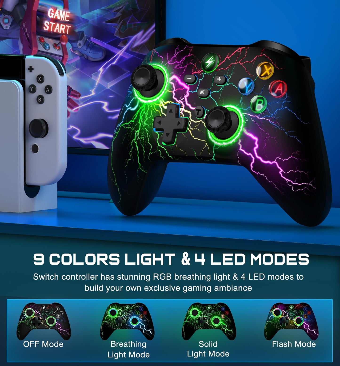 Svetaecho Wireless Switch Pro Controller - LED RGB, Compatible with Nintendo Switch/Lite/OLED, Red-Light Up, Model BLITZ