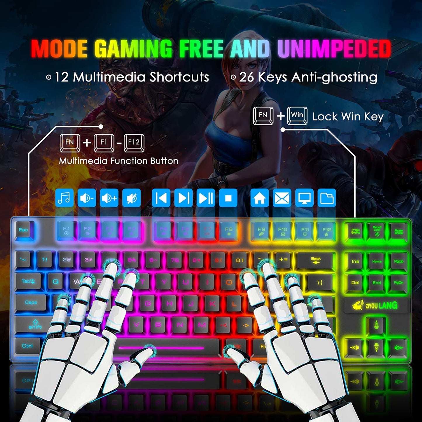 LexonElec Wireless Gaming Keyboard and Mouse Combo, RGB Backlit, Ergonomic Waterproof, Black, Rechargeable 3800mAh Battery, 87 Keys