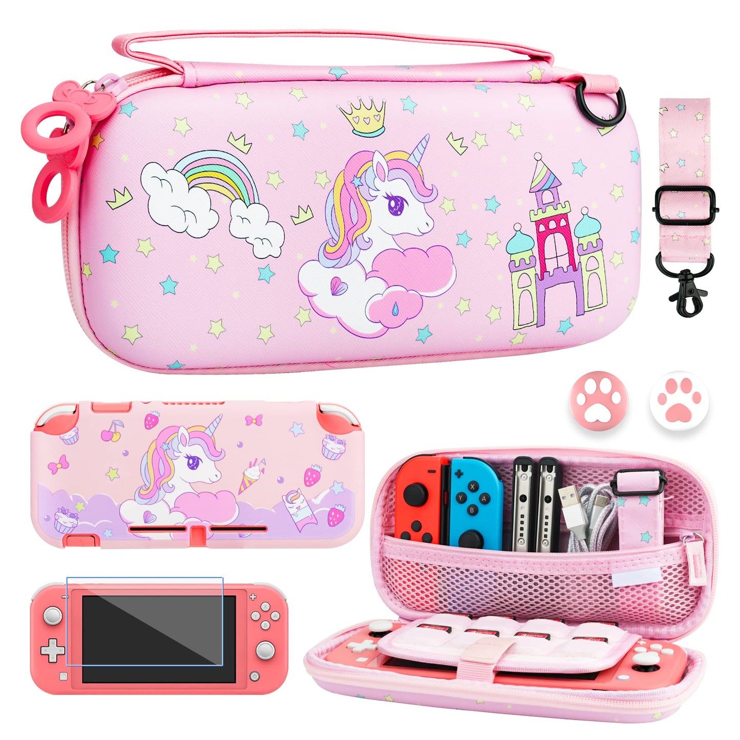 FUNDIARY Pink Carrying Case for Nintendo Switch Lite Accessories  Travel Case for Switch Lite with Soft TPU Protective Cover  Adjustable Shoulder Strap  Screen Protector and 2 Thumb Caps - for Unicorn