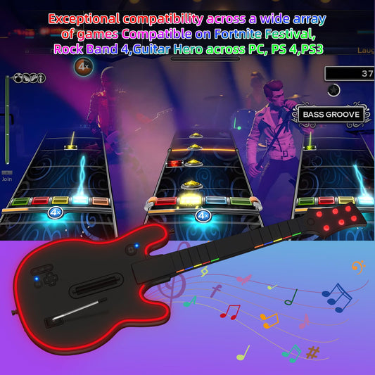 Lyvix Wireless Guitar Controller for PS4/PS3/PC - RGB Light & Colorful Strap - Black Colorful - Compatible with Guitar Hero & Rock Band