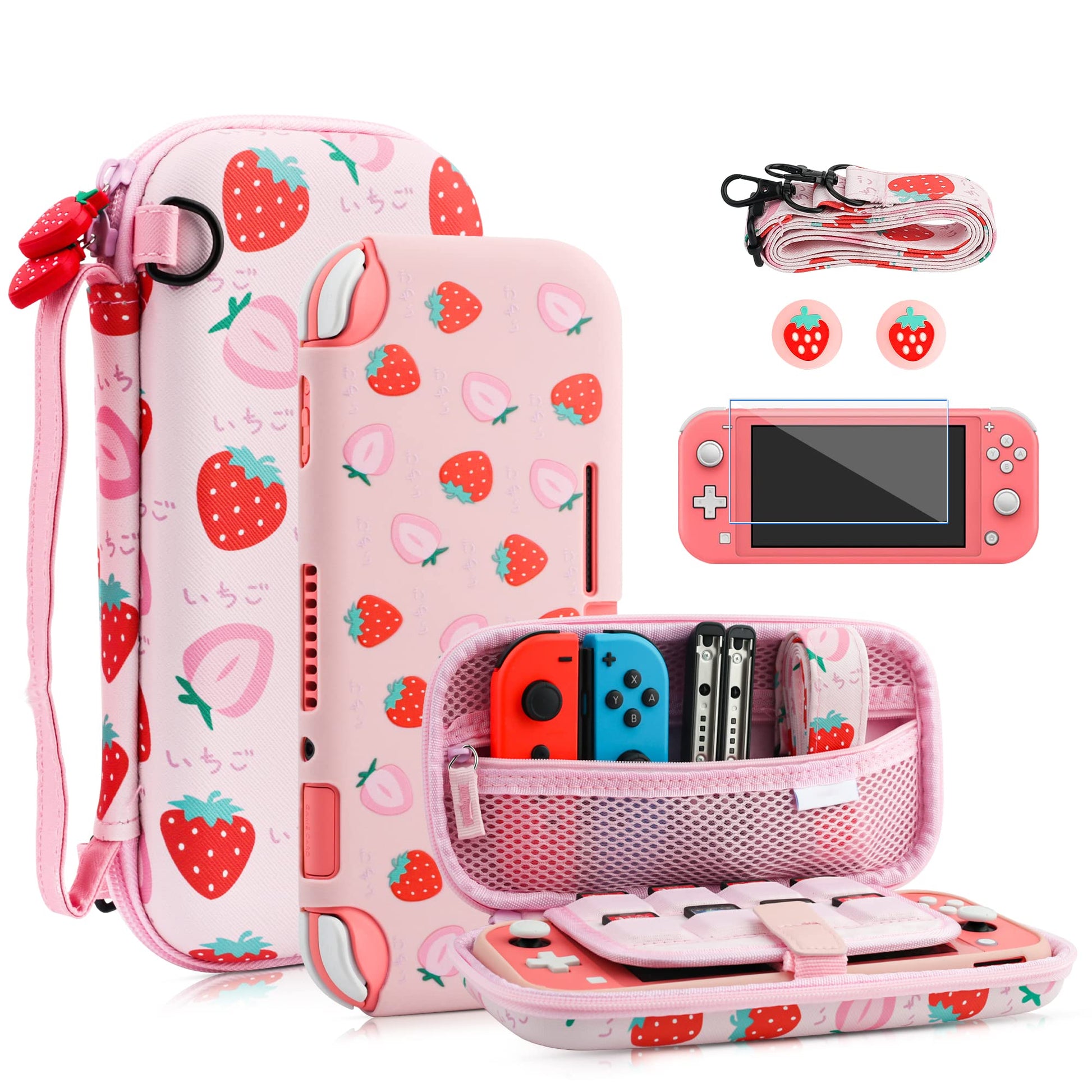 FANPL Case for Nintendo Switch Lite  Cute Pink Strawberry Carrying Case Bundle for Switch Lite Accessories with Soft TPU Cover  Adjustable Strap  Screen Protector  Thumb Grip Caps