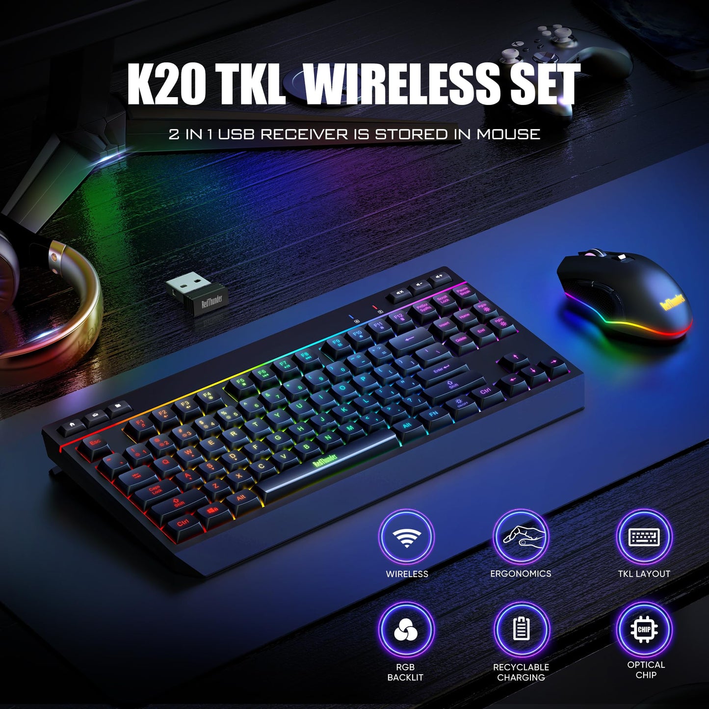 RedThunder K20 TKL Wireless Keyboard & Mouse Combo, RGB Backlit, Compact, Black, Rechargeable