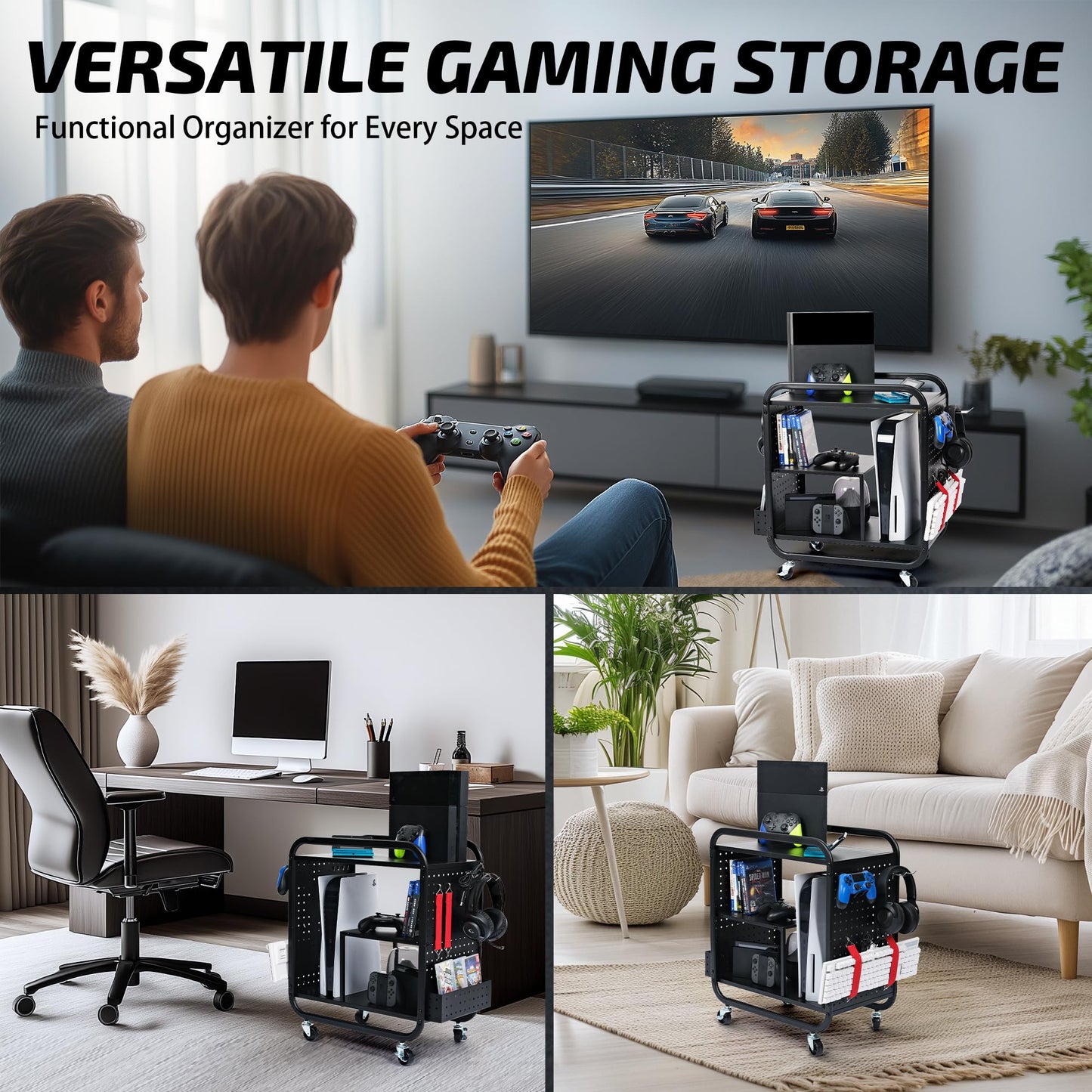 PLKOW Video Game Organizer, Rolling Rack for Xbox/PS4/PS5, 26"H x 23.6"L x 12.6"W, Black, Model P548, Ideal