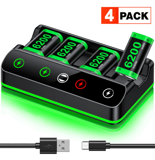 Rechargeable Xbox Controller Battery Pack Charging Station 4x6200mWh Xbox Battery Pack for Xbox Series X|S One S/X/Elite Controllers Xbox Batteries Kit with Fast Charging Station