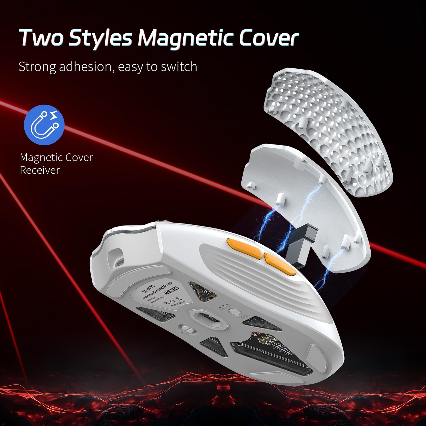 TENMOS M530 Wireless Gaming Mouse - 12000 DPI, RGB, 6 Programmable Buttons, Bluetooth/USB-C, Rechargeable, White