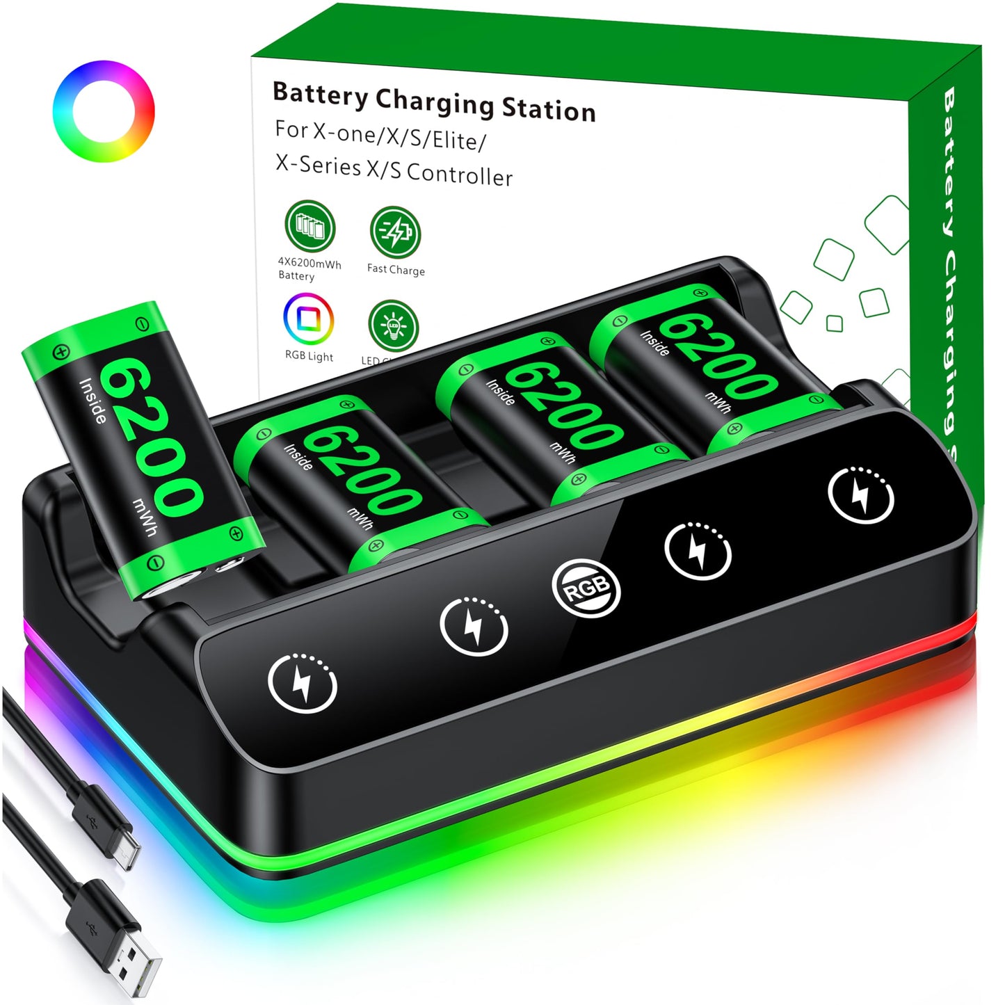 4X 6200mWh Battery Pack Compatible with Xbox One/Series S/X Controller Charging Station?Extended USB C Cable? Rechargeable Battery Pack Compatible with Xbox Series X Accessories