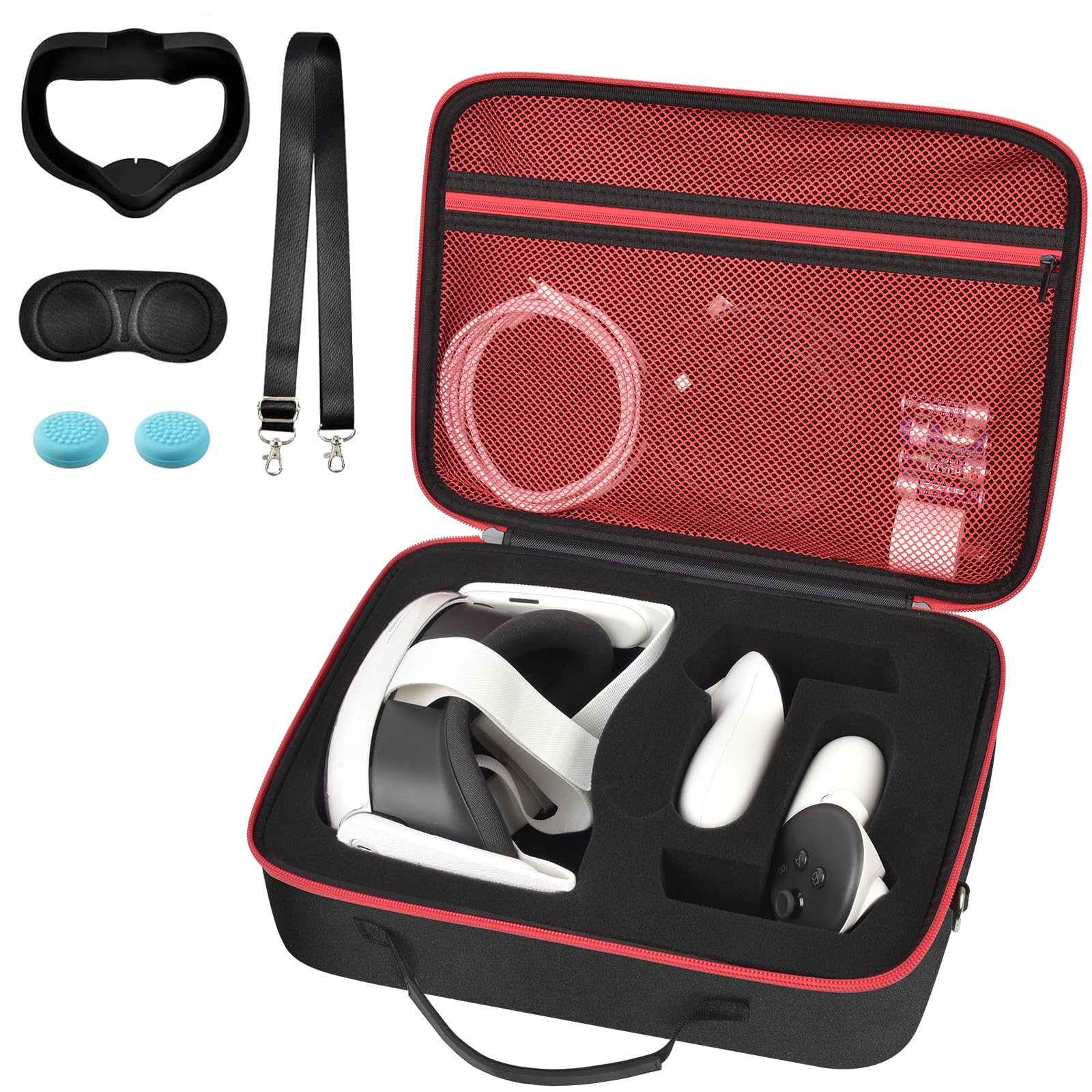 Hard Carrying Case for Meta Quest 3/ Quest 3S/ for Oculus Quest 2 VR Gaming Headset and Touch Controllers  Travel Storage Bag with Silicone Face Cover & Lens Protector & Accessories - Red Zipper