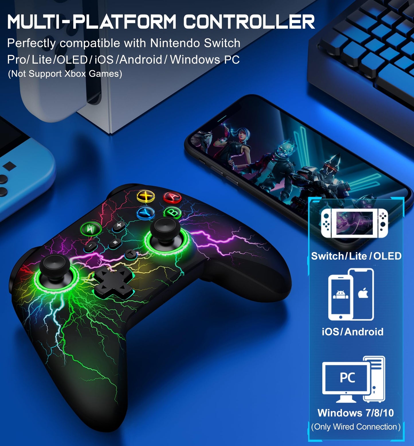 Svetaecho Wireless Switch Pro Controller - LED RGB, Compatible with Nintendo Switch/Lite/OLED, Red-Light Up, Model BLITZ